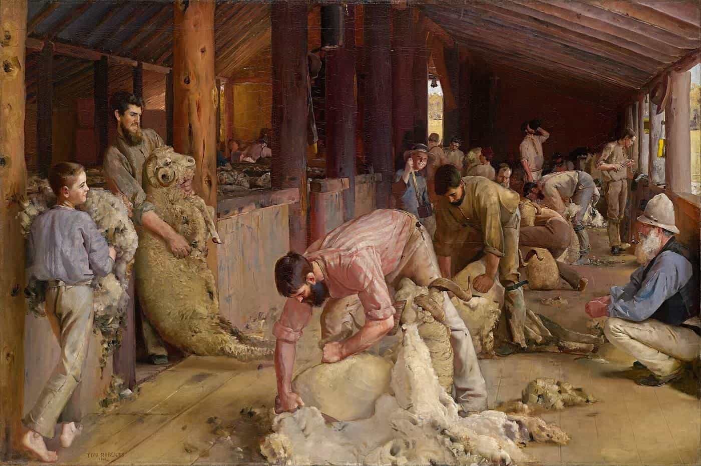 Tom Roberts’s painting Shearing the Rams, showing shearers at work in a timber woolshed