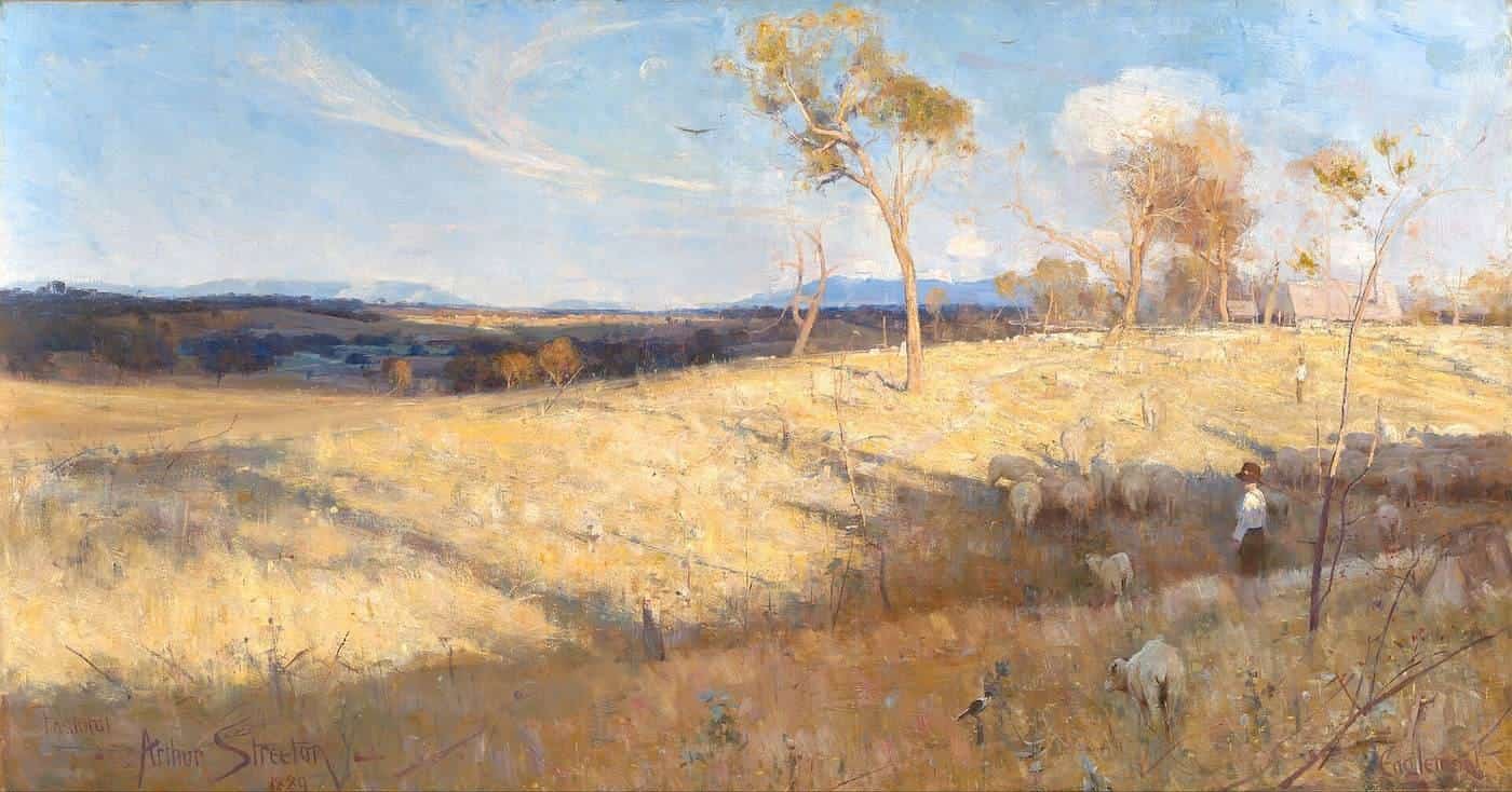 Arthur Streeton’s painting Golden Summer, Eaglemont, showing sunlit dry grassland and distant hills