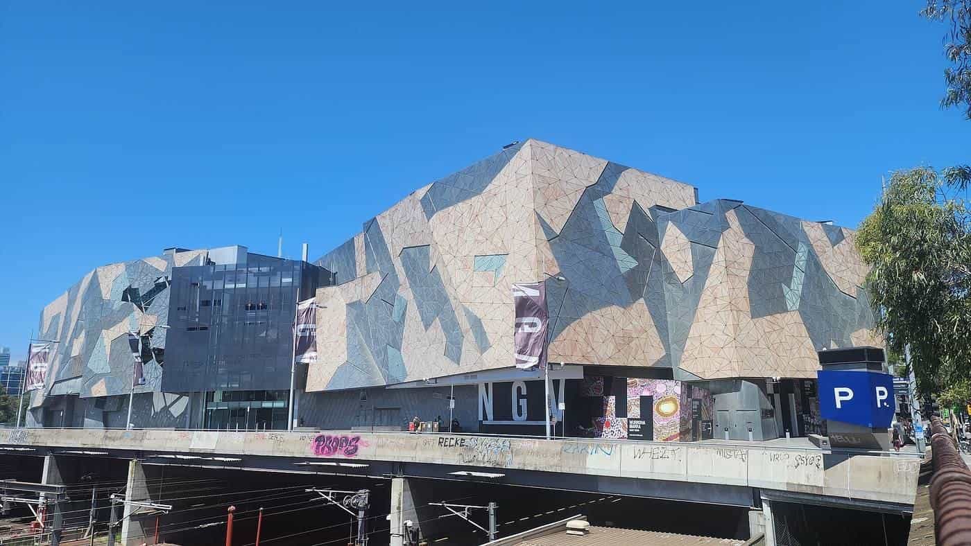 The angular facade of The Ian Potter Centre: NGV Australia at Federation Square