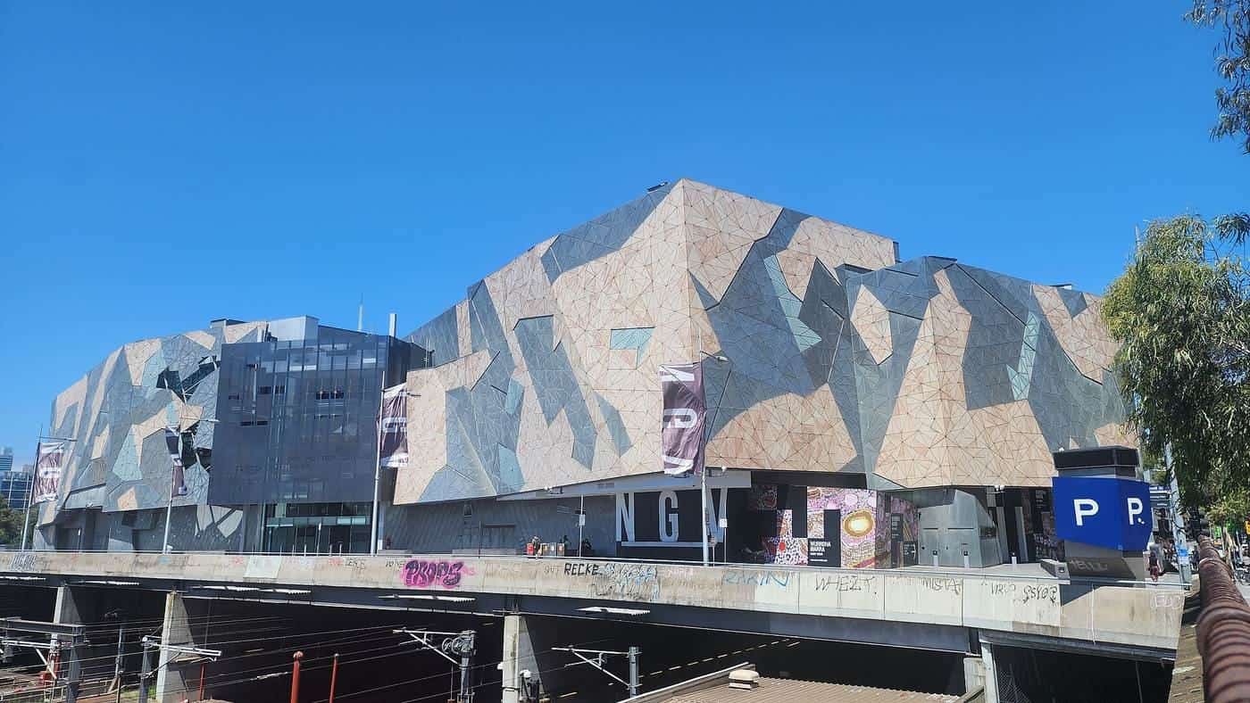 The angular facade of The Ian Potter Centre: NGV Australia at Federation Square