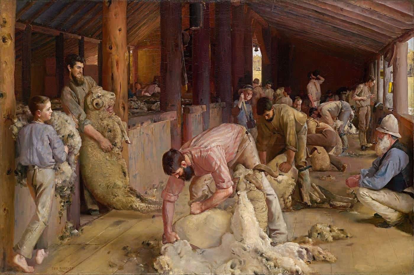 Tom Roberts’s painting Shearing the Rams, showing shearers at work in a timber woolshed