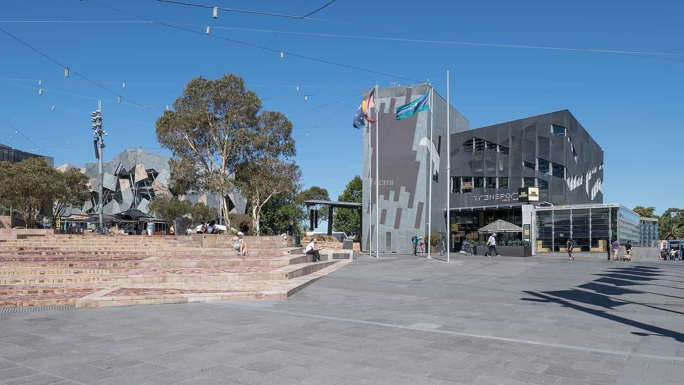 The plaza and angular buildings of Federation Square in Melbourne